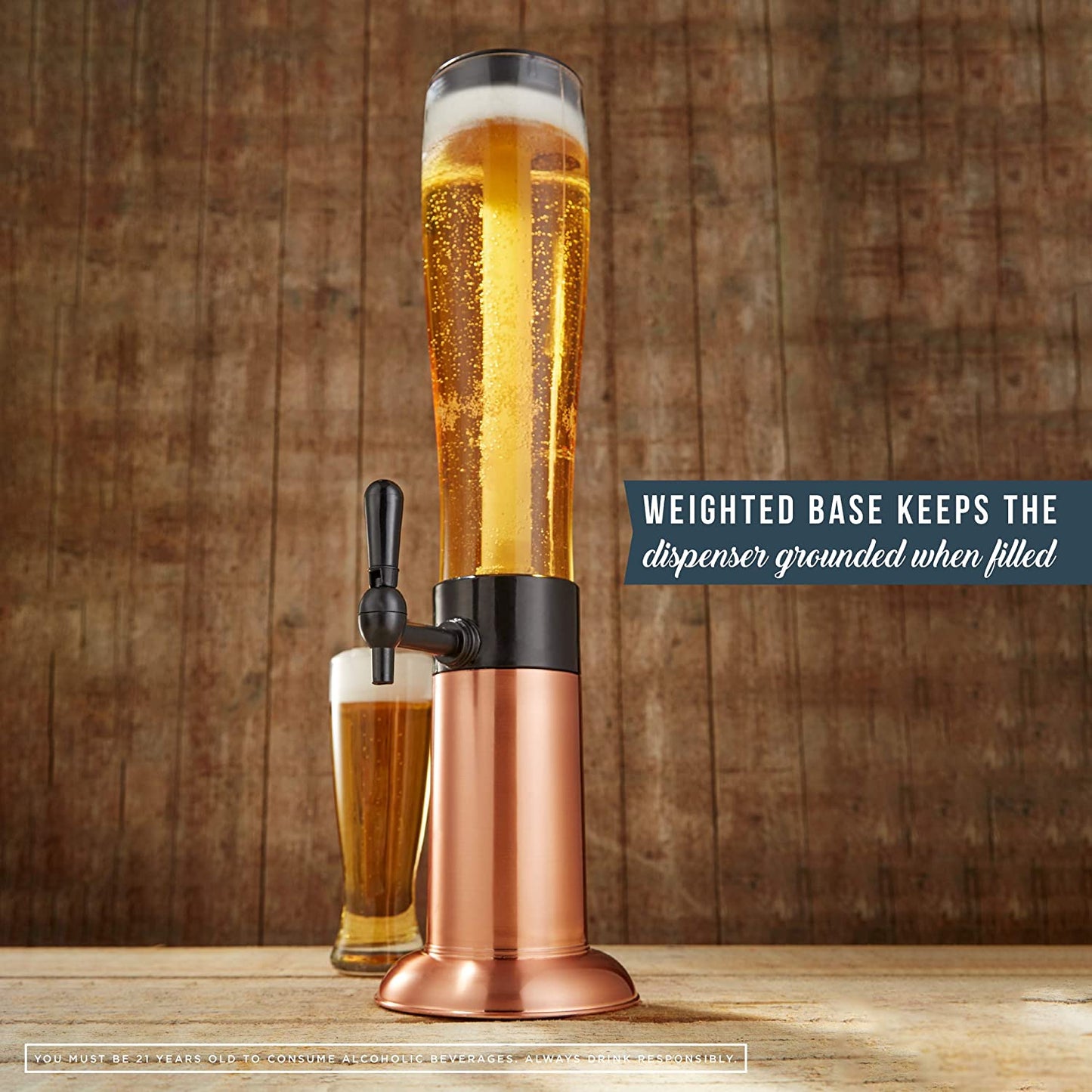 Beer Tower Drink Dispenser with Pro-Pour Tap and Freeze Tube to Keep Beverages Ice Cold, Perfect for Parties and Gameday, Home Bar Accessories, 2.75 Qt./2.6 L, Copper Finish, Holiday Gift