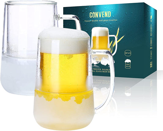 Beer Mugs for Freezer,Freezer Beer Mug,Double Wall Clear Borosilicate Glass Mugs with Handle, Beer Glasses for Freezer,Frosty Mug for Beer,Milk,Juice and Any Beverages,16 Oz,Set of 2,Gift Package