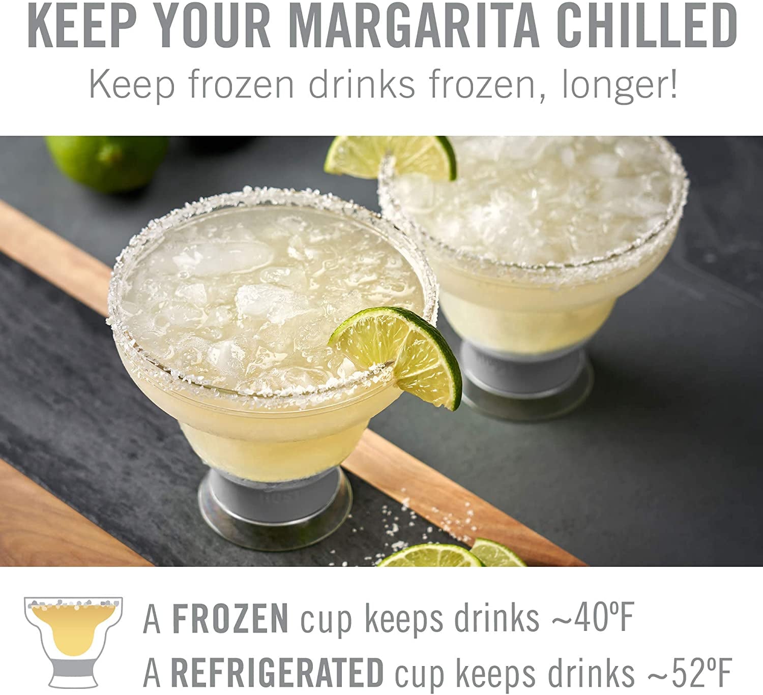 Freeze Stemless Margarita Glasses Double Walled Insulated Gel Chiller Plastic Margarita Glass Cups - Frozen Cocktail Glass Set of 2 12 Oz, Grey