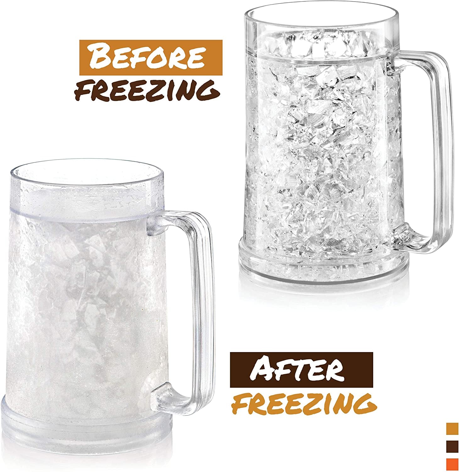 Freezer Beer Mugs, Double Wall, Insulated Gel Plastic Pint Freezable Glasses, 16 Oz, Clear 2 Pack , Chiller Frosty Cup, Frozen Ice Freezer Mug, Freezer Cups