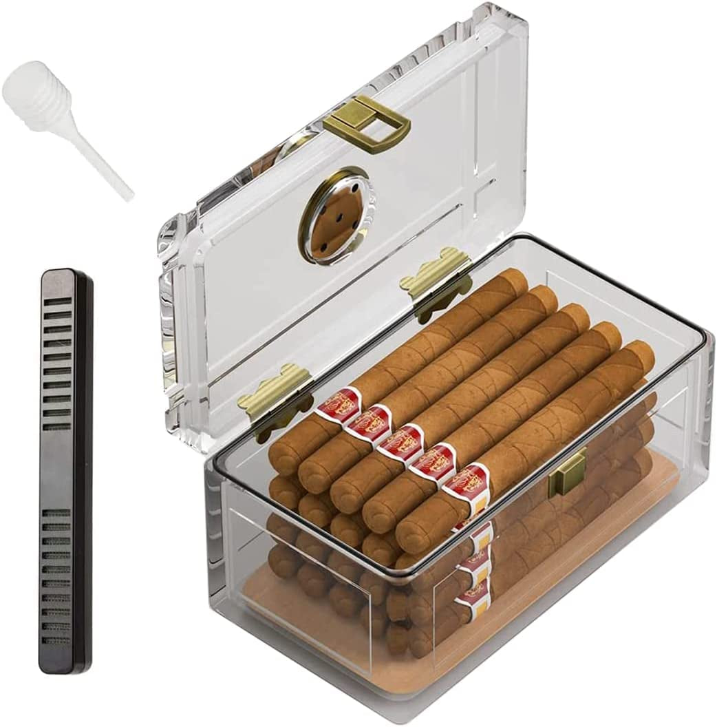 Acrylic Cigar Humidor with Humidifier and Hygrometer, Desktop Cigar Case Box That Can Hold about 15-20 Cigars (S)
