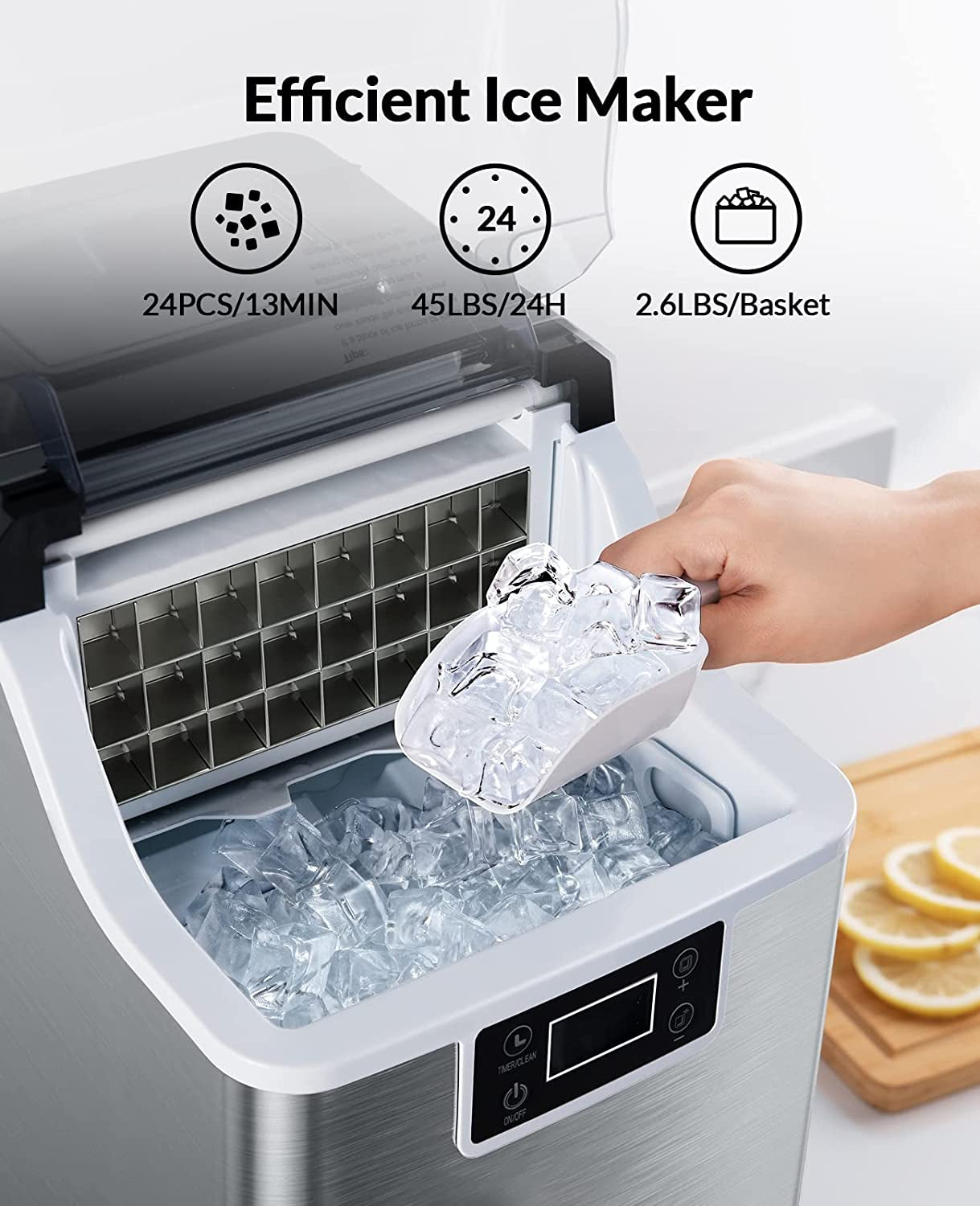 Countertop Ice Maker, 45Lbs per Day, 24Pcs Ice Cubes in 13 Min, 2 Ways to Add Water, Auto Self-Cleaning, Stainless Steel Ice Machine for Home Office Bar Party