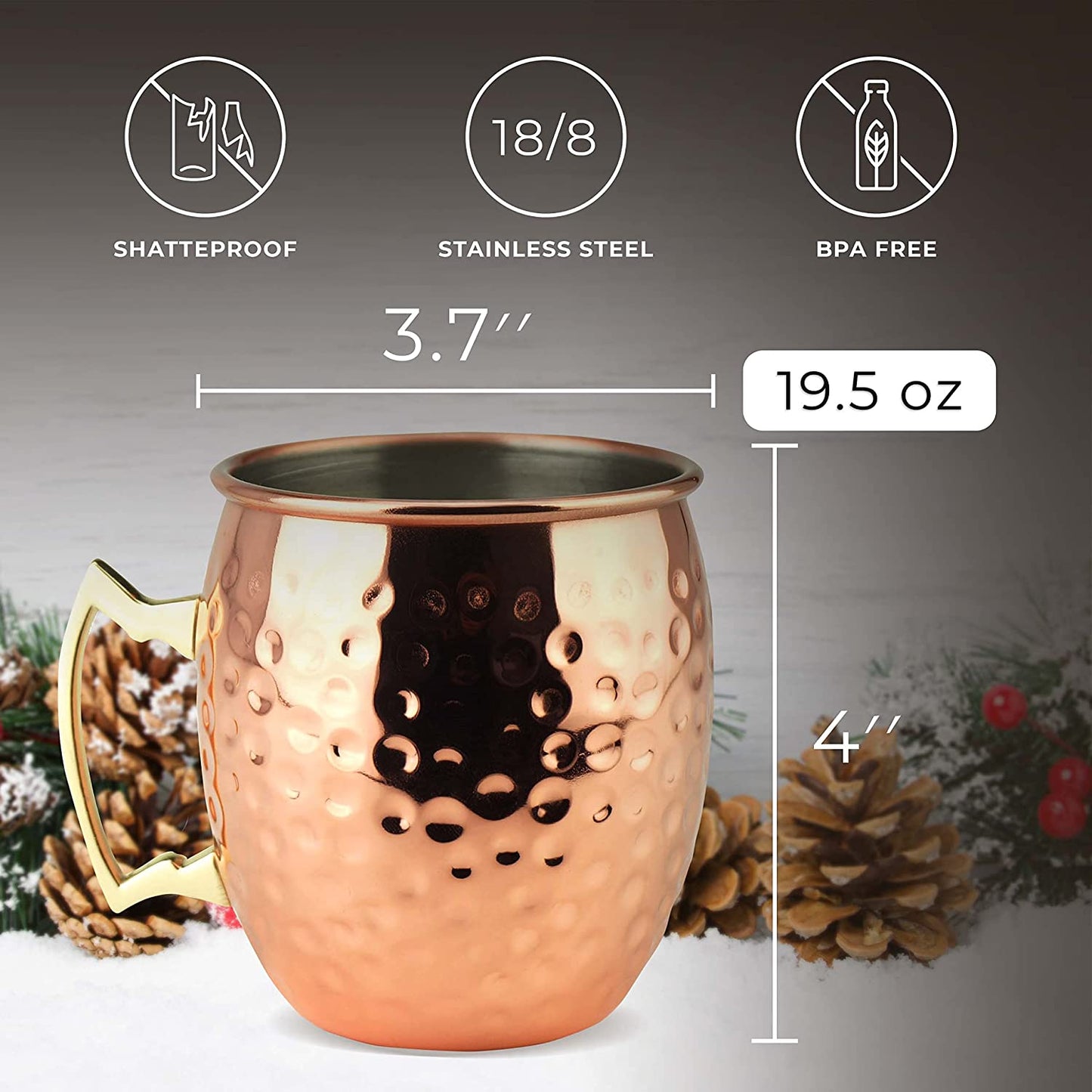 Moscow Mule Mugs | Large Size 19 Ounces | Set of 4 Hammered Cups | Stainless Steel Lining | Pure Copper Plating | Gold Brass Handles | 3.7 Inches Diameter X 4 Inches Tall