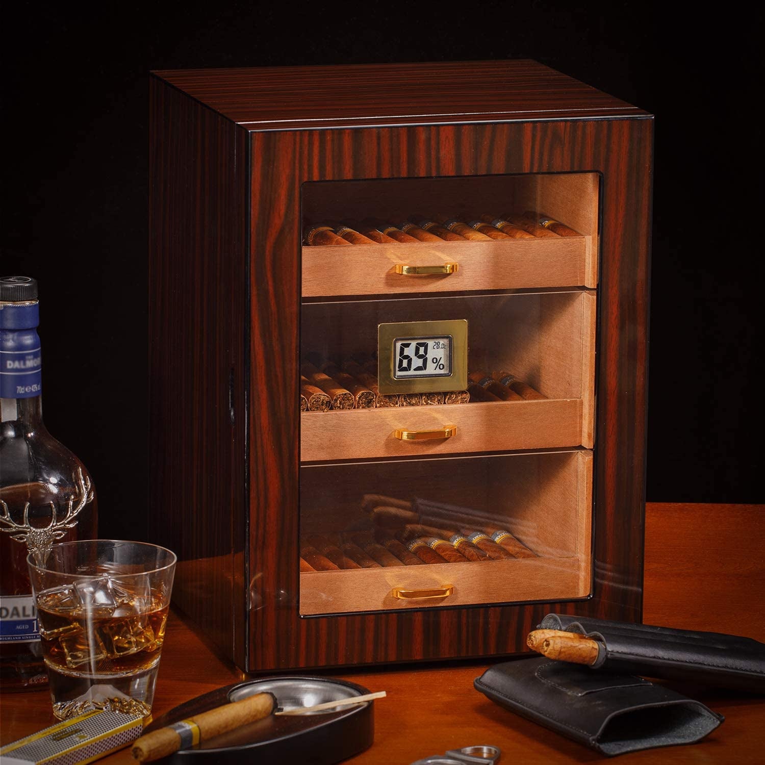 Cigar Humidor Cabinet with Digital Hygrometer for 100 to 150 Counts, Spanish Cedar Lined Cigar Box with 3 Large Drawers, 2 Crystal Gel Humidifiers, Glossy Ebony Finish, Great Gift for Father