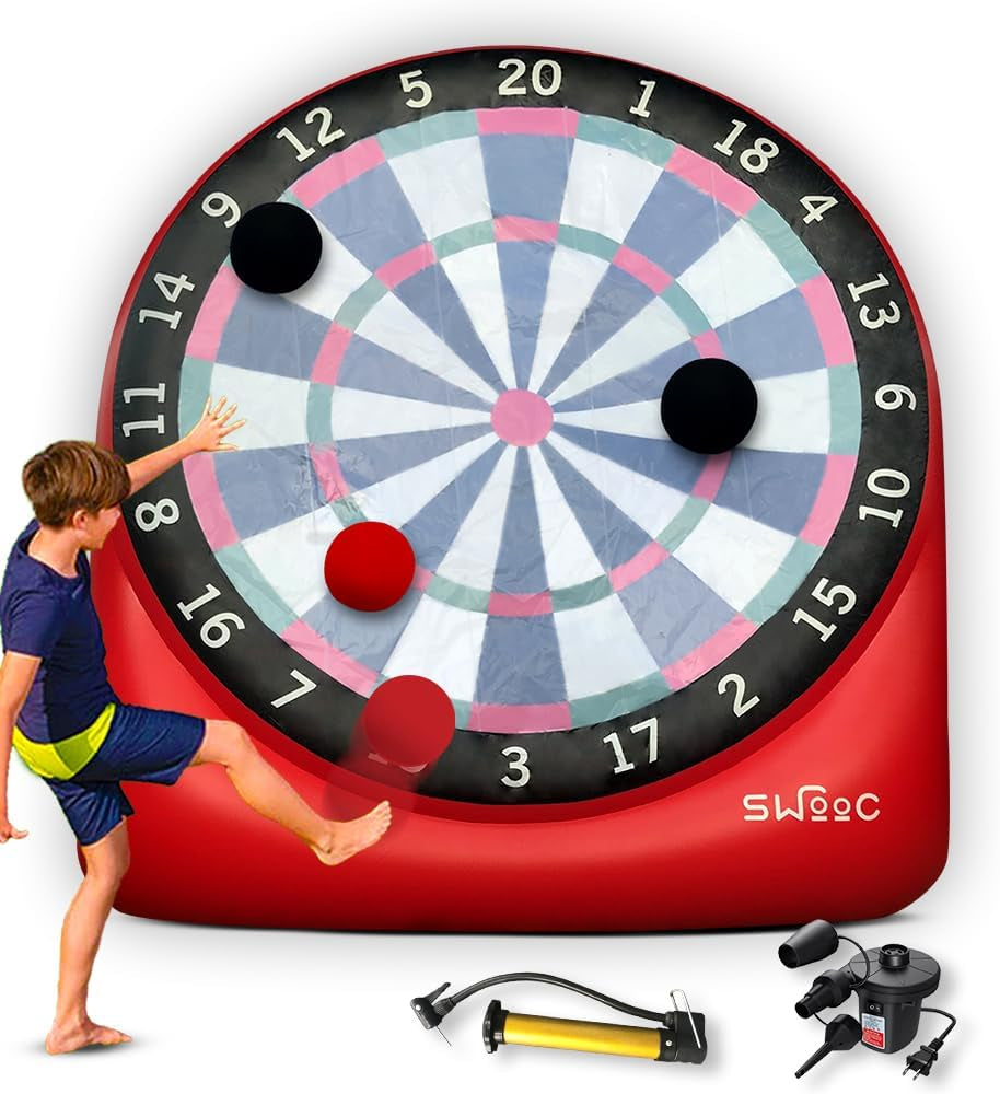 Games - Giant Kick Darts (Over 6Ft Tall) with over 15 Games Included - Giant Inflatable Outdoor Dartboard with Soccer Balls, Air Pump & Score Card - Jumbo Foot Darts Game with Big Target (Red)