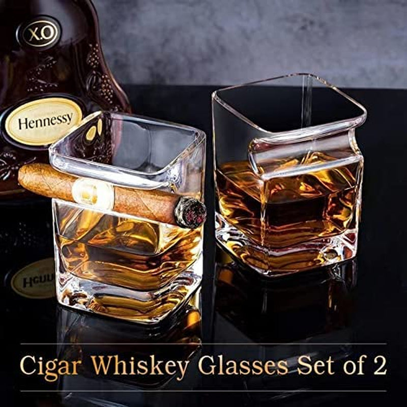 Cigar Whiskey Glasses -12Oz Old Fashioned Glass with Integrated Cigar Tray,Bar Glass Cup, Crystal Whisky Glass Set with Cigar Holder