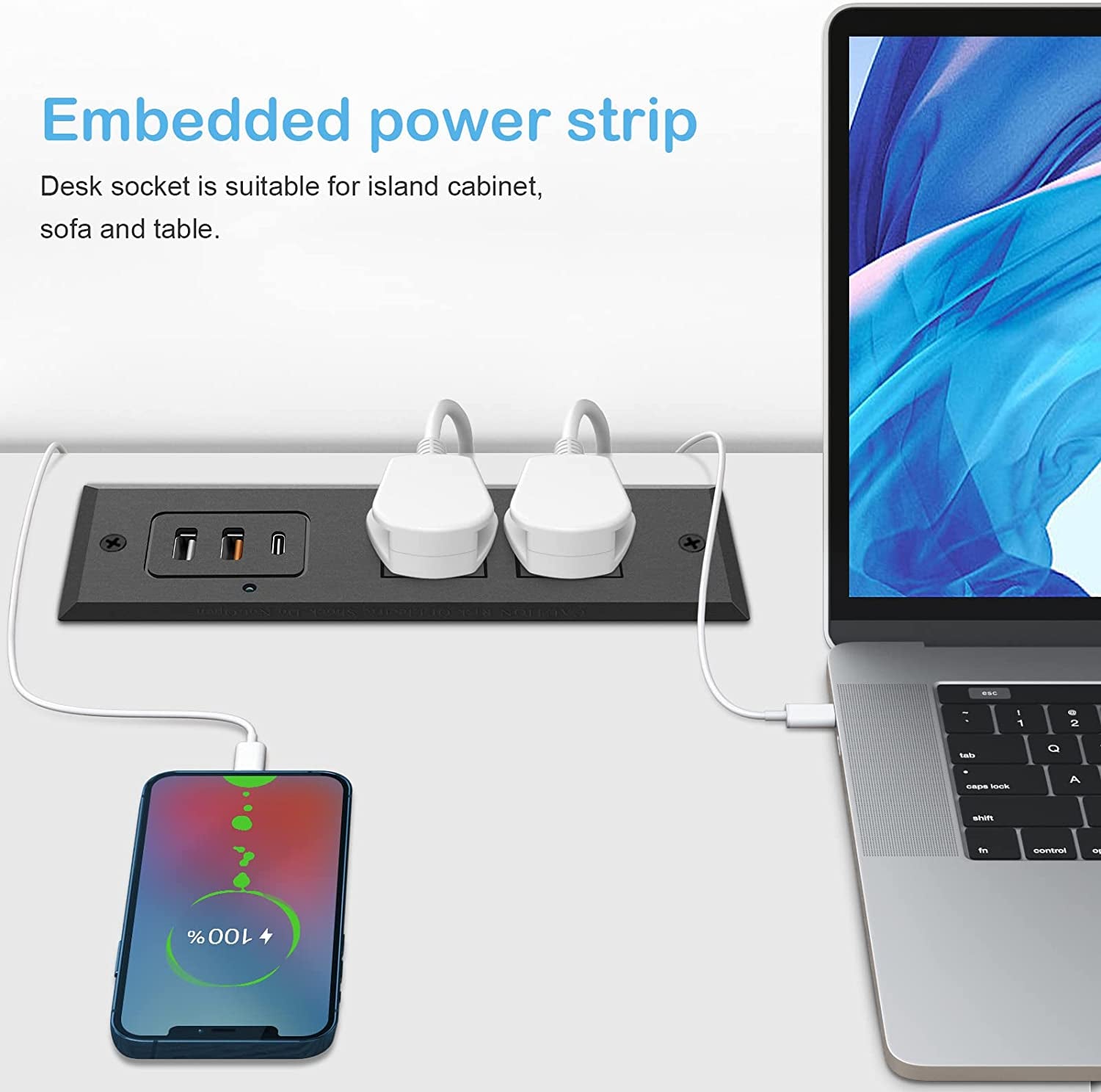 Recessed Power Strip with 20W USB C Port, Fast Charging USB a Port Desk Outlet, Furniture Hidden Charging Station for Side Table, End Table, with 6FT 45 Degree Flat Plug Extension Cord.