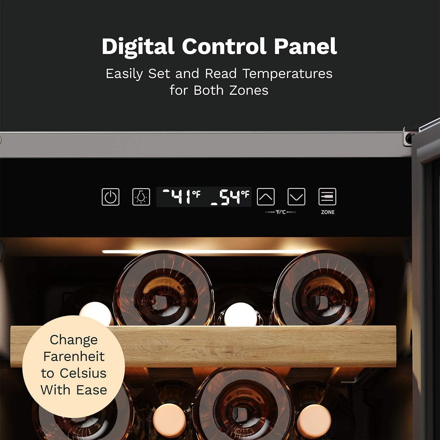 25 Bottles High-End Wine Cooler - Standalone Dual-Zone Mini Fridge and Chiller for Wines with Temperature Control Panel, Stainless Steel Reversible Door Swing and Removable Wood Shelves