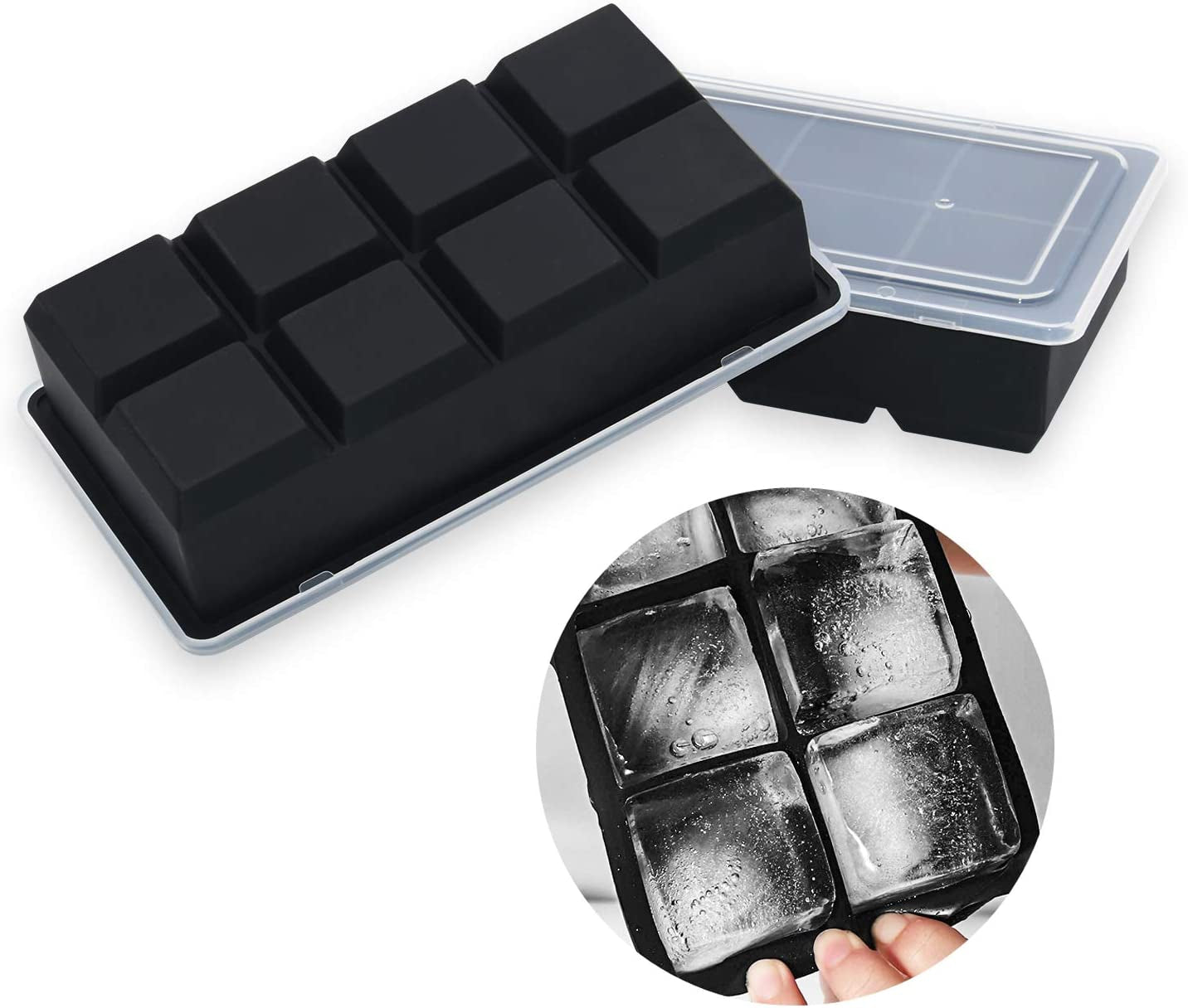 Large Ice Cube Trays with Lids 2 Pack,Silicone Ice Trays for Freezer,Easy Release Silicone Ice Cube Tray,8 Big Square Ice Cubes per Tray Ideal for Cocktails,Whiskey,Soups and Frozen Treats