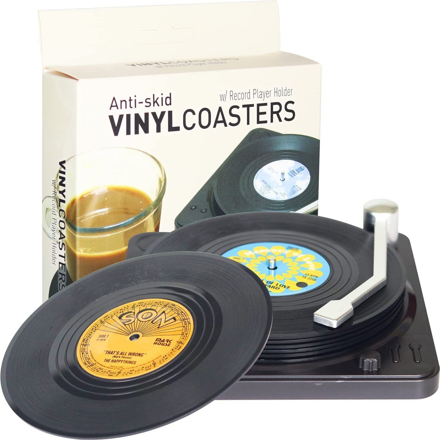 Funny Retro Vinyl Record Coasters for Drinks with Vinyl Record Player Holder for Music Lovers,Set of 6 Conversation Piece Sayings Drink Coaster,Housewarming Hostess Gifts, Wedding Registry Gift Ideas