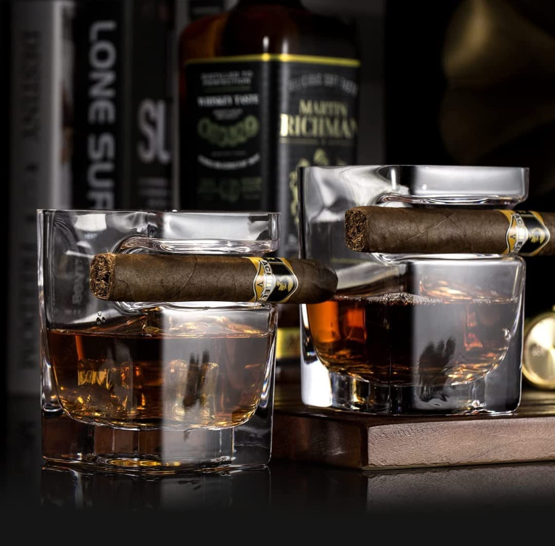 Whiskey Cigar Glasses Gift Set of 2 - Old Fashioned Square Glasses with Intended Cigar Rest, 8 Granite Chilling Rocks, Tongs, Velvet Pouch and Cigar Cutter. Best Gift Set for Men, Dad, Husband..