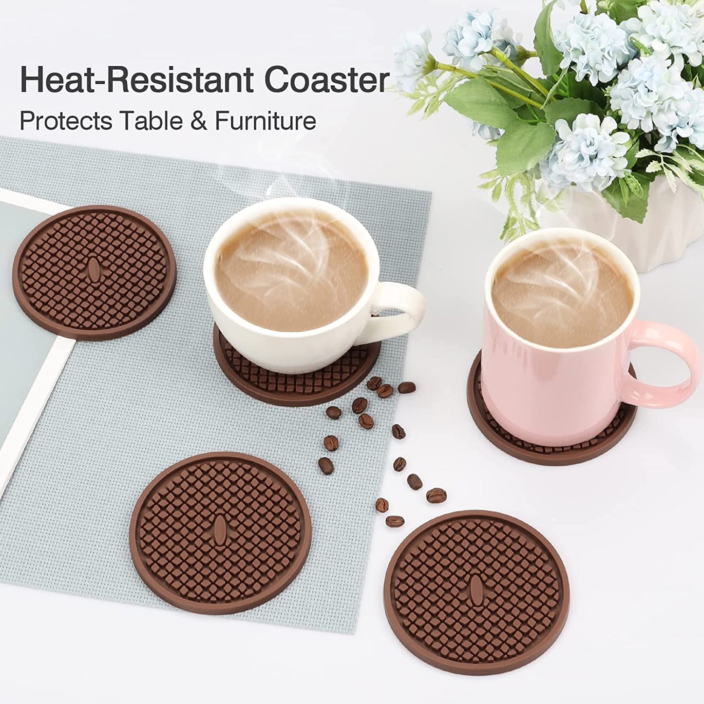 7 Pack Silicone Coasters for Drinks, Thickened Coasters with Deep Tray Grooved Design Cup Mat, Washable Heat Resistant Durable Non-Slip Coasters for Coffee Table Wooden Desk Kitchen Bar (Brown)