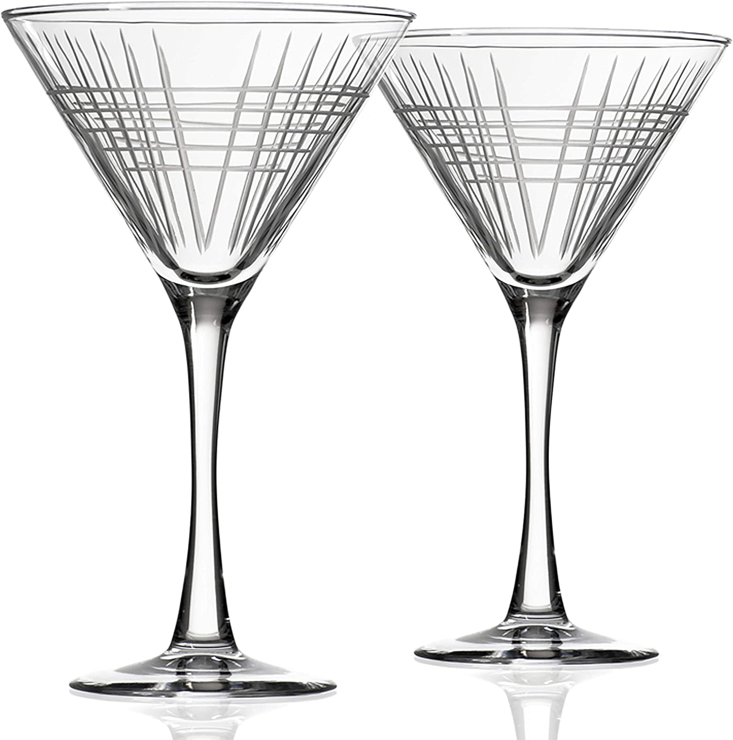 Matchstick Martini Glass - Set of 2 Stemmed 10 Ounce Martini Glasses - Lead-Free Glass - Diamond-Wheel Engraved Cocktail Glasses - Made in the USA