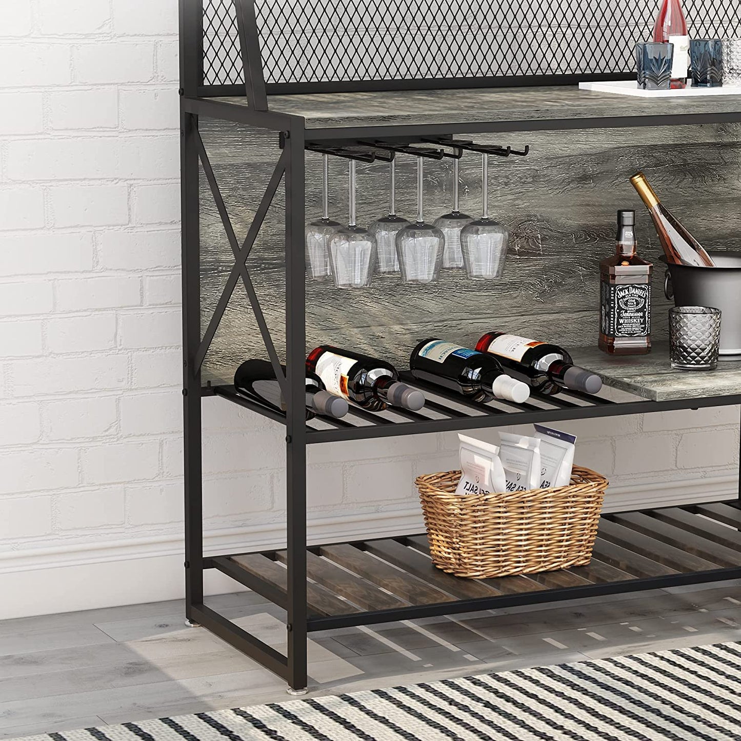 Bar Table with Storage Coffee Bar Cabinets for Liquor and Glasses, Wine Rack Freestanding Floor with Glass Holder for Home Kitchen Dining Room Basement, Gray
