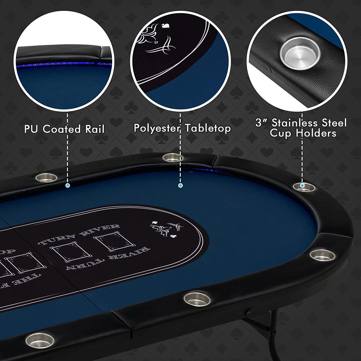 10 Players Poker Table with Cup Holder, Folding Casino Leisure Table with 4 USB Ports, Extra Lights, Easy to Assemble, Foldable Game Poker Tables for Texas, Card Games, Blue