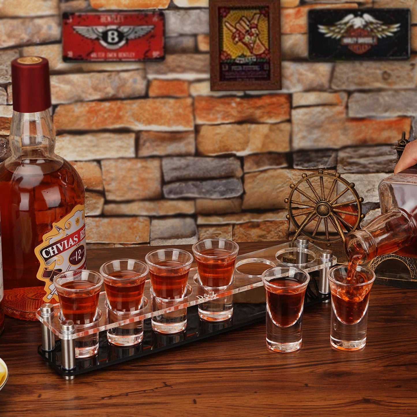 Shot Glass Holder with 6 Heavy-Base Shooter Glasses, Assembled Acrylic Server for Restaurant, Bar, Family Gathering, 1 Oz ( 30 Ml ) Tasting Glass for Tequila, Vodka, Whiskey, Beer, Wine, Soju