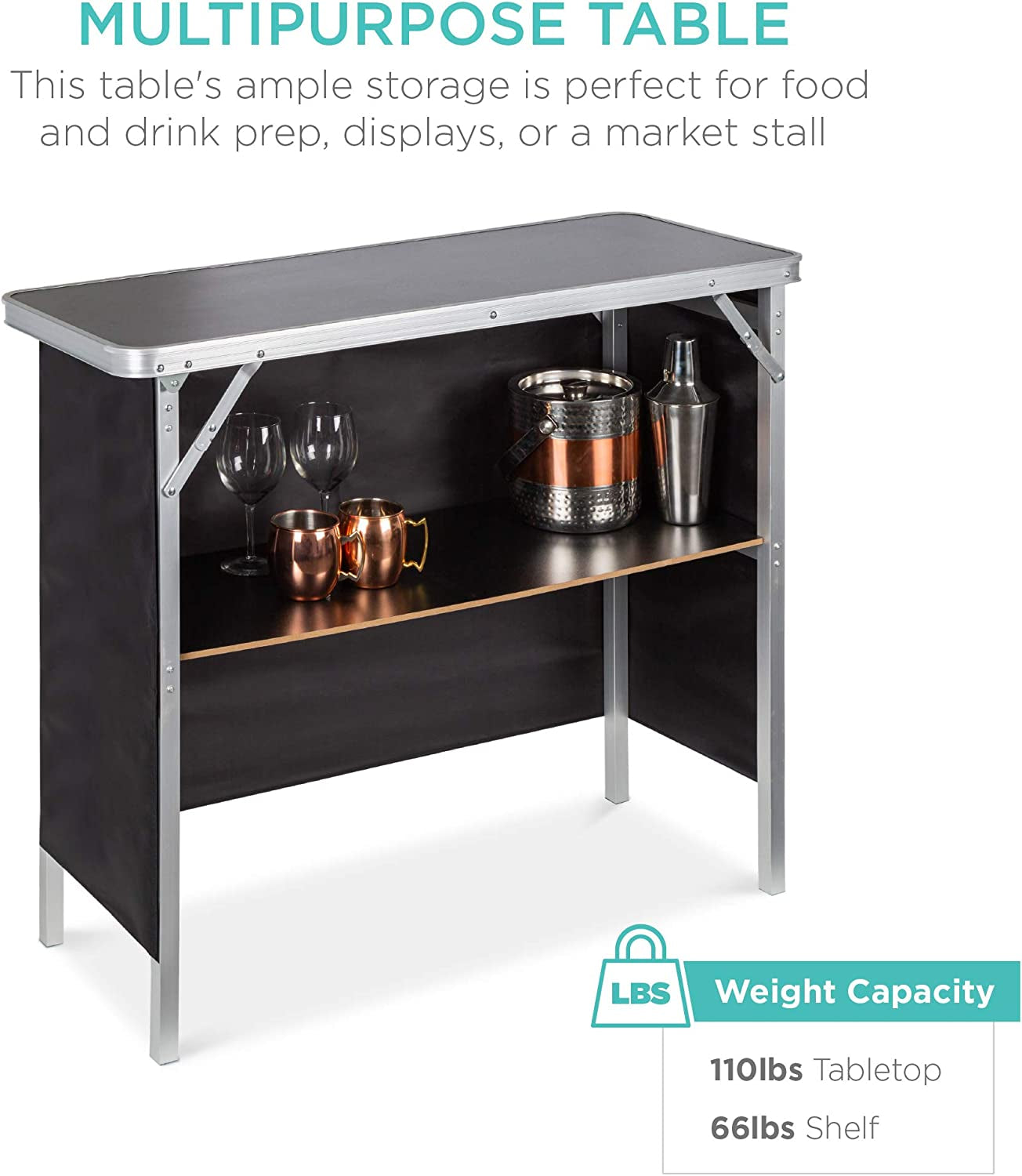Portable Pop-Up Bar Table for Indoor, Outdoor, Party, Picnic, Tailgate, Entertaining W/Carrying Case, Storage Shelf, Removable Skirt