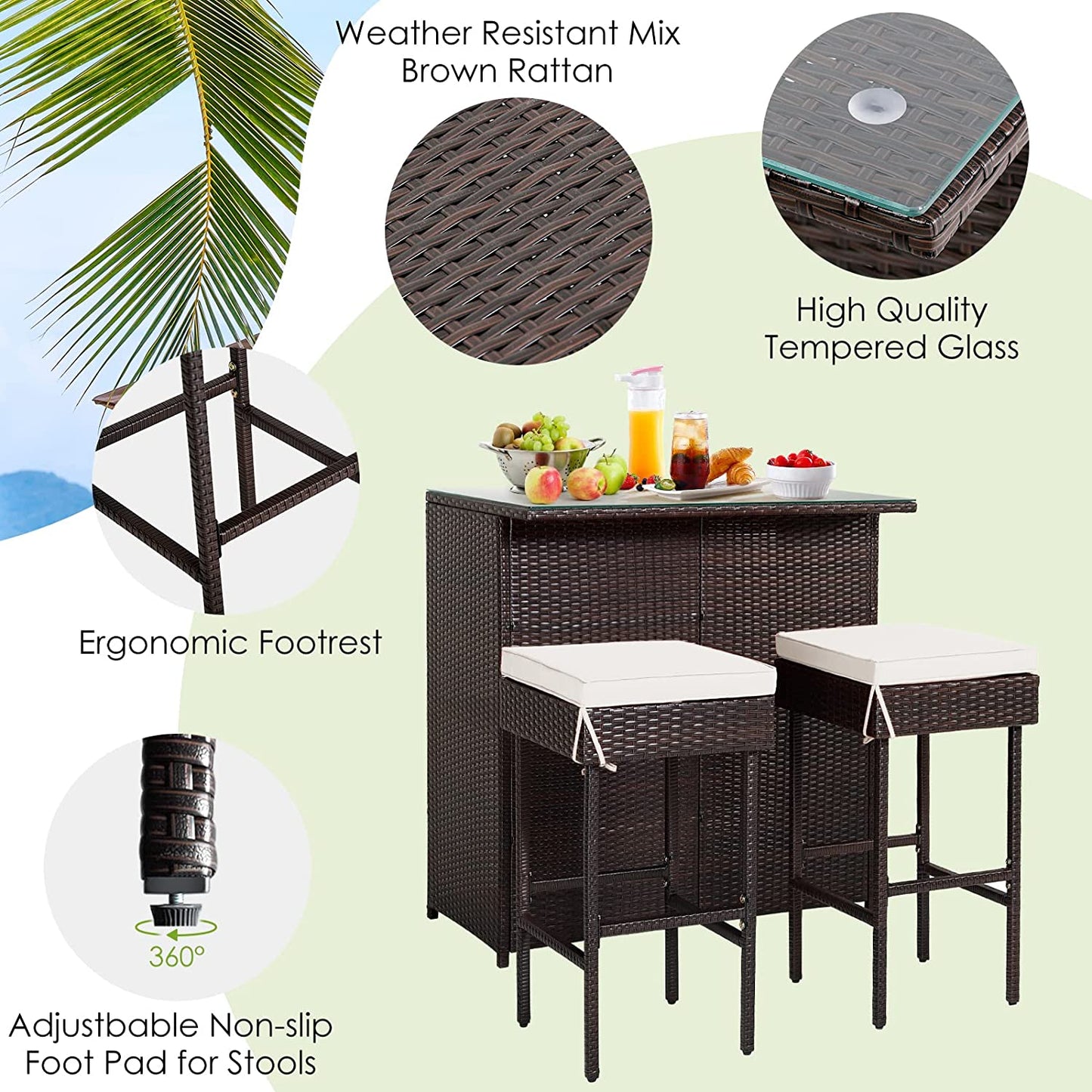 RELAX4FLIE 3-Piece Outdoor Bar Set, Patio Wicker Bar Height Table and Chairs Set with Cushioned Stools 2 Open Shelves & Glass Table Top, Rattan Bar Table Set for Poolside, Garden and Backyard (Beige)