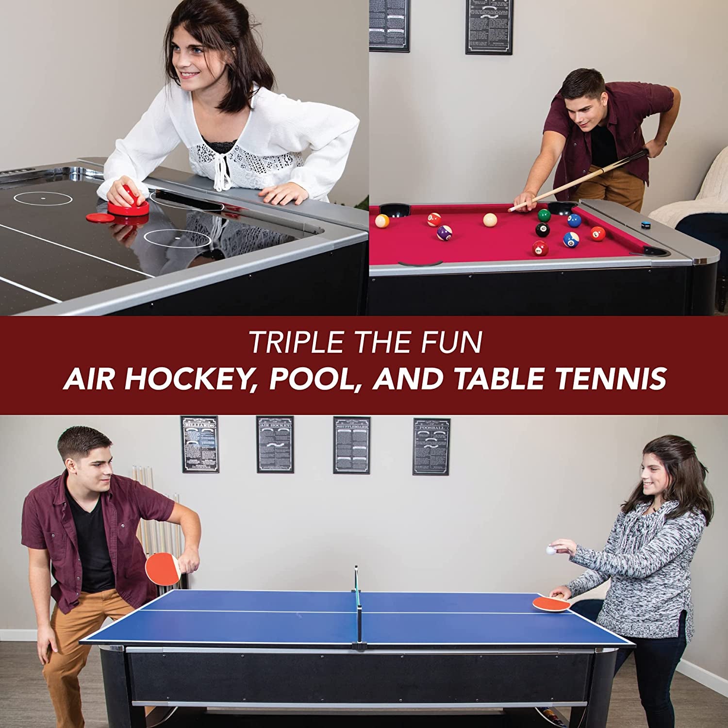 Triple Threat 6-Ft 3-In-1 Multi Game Table with Billiards, Air Hockey, and Table Tennis