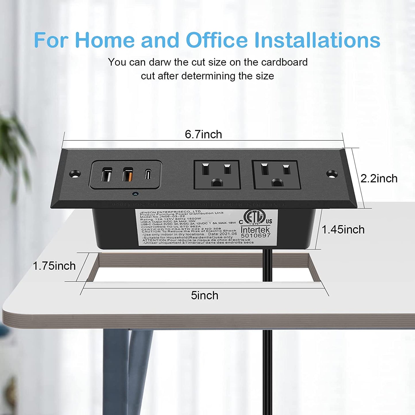 Recessed Power Strip with 20W USB C Port, Fast Charging USB a Port Desk Outlet, Furniture Hidden Charging Station for Side Table, End Table, with 6FT 45 Degree Flat Plug Extension Cord.