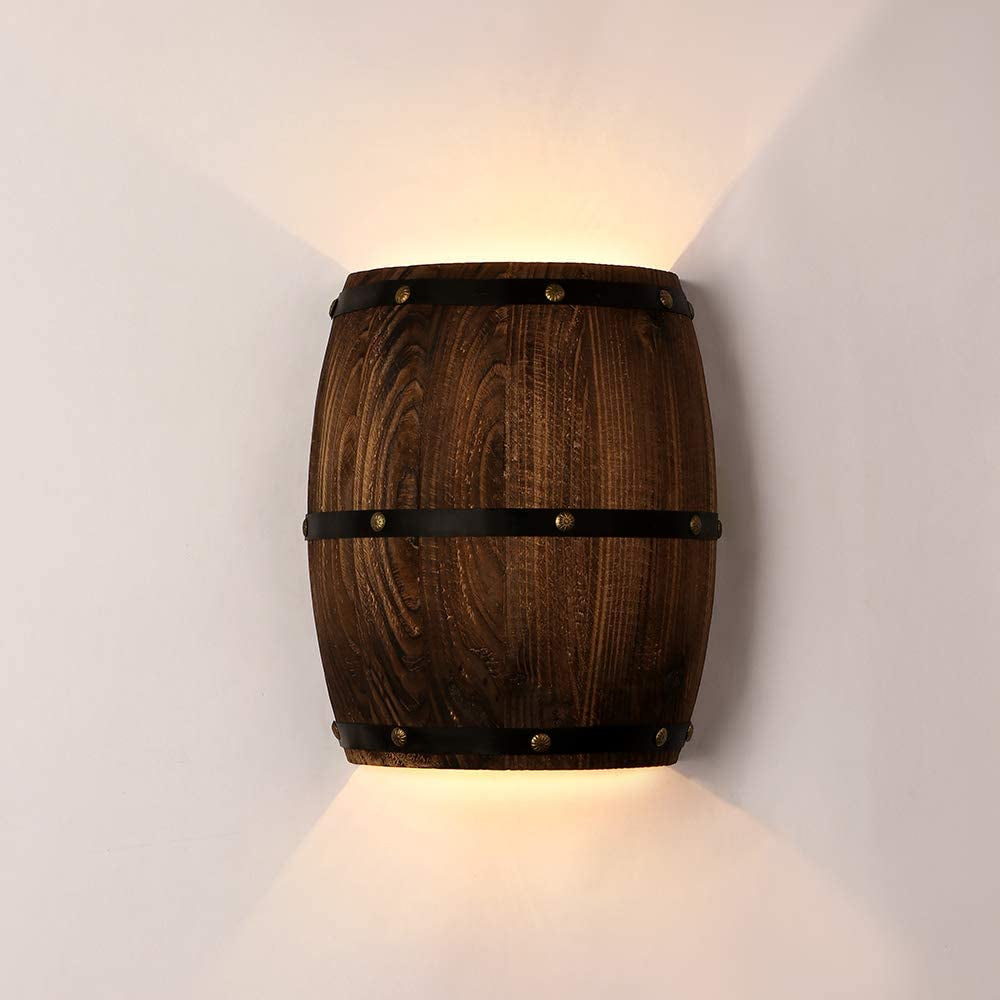 Antique 2 Pack Wood Wine Barrel Wall Sconce Lighting Fixture up and down Indoor Wall Lamps for Bar Area Steampunk Theme