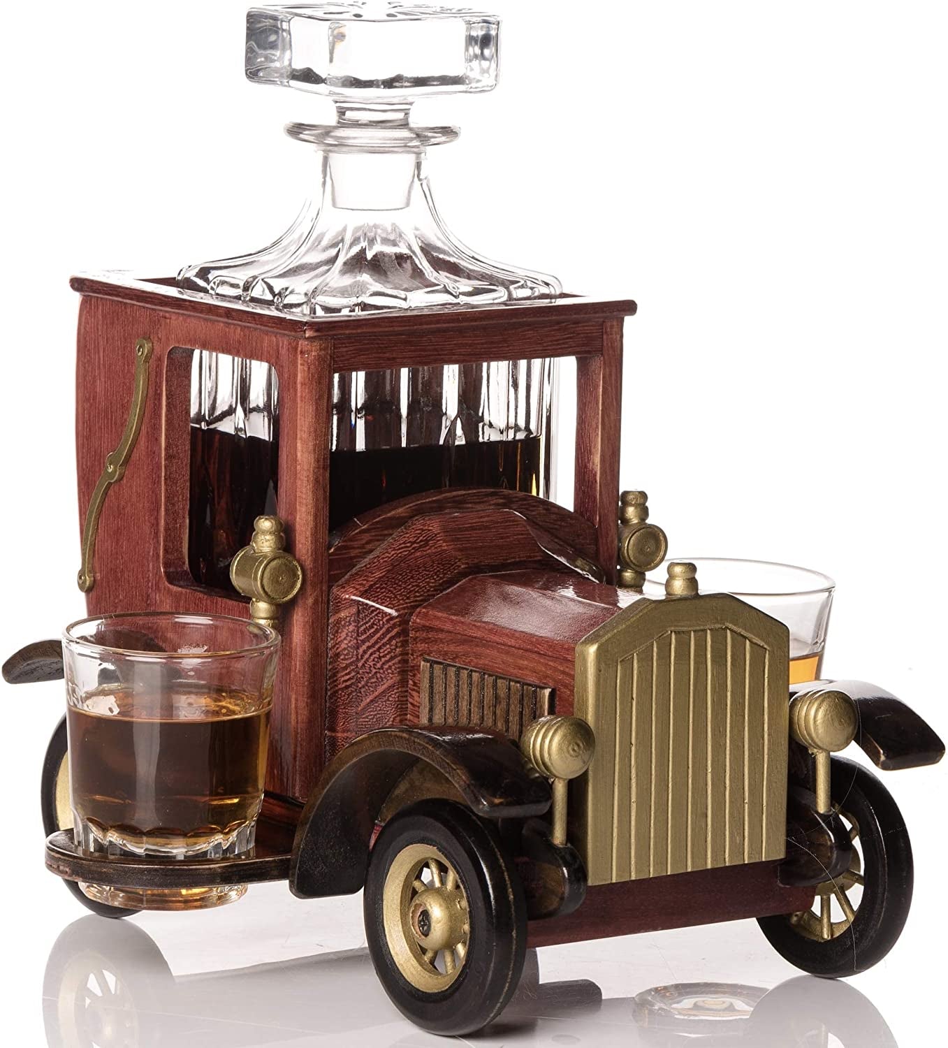 Whiskey Decanter Set with Glasses and Old Fashioned Vintage Car Stand - Bourbon Decanter Set with Glasses for Liquor, Vodka - Whiskey Gifts for Men - Liquor Decanter - Home Bar Accessories