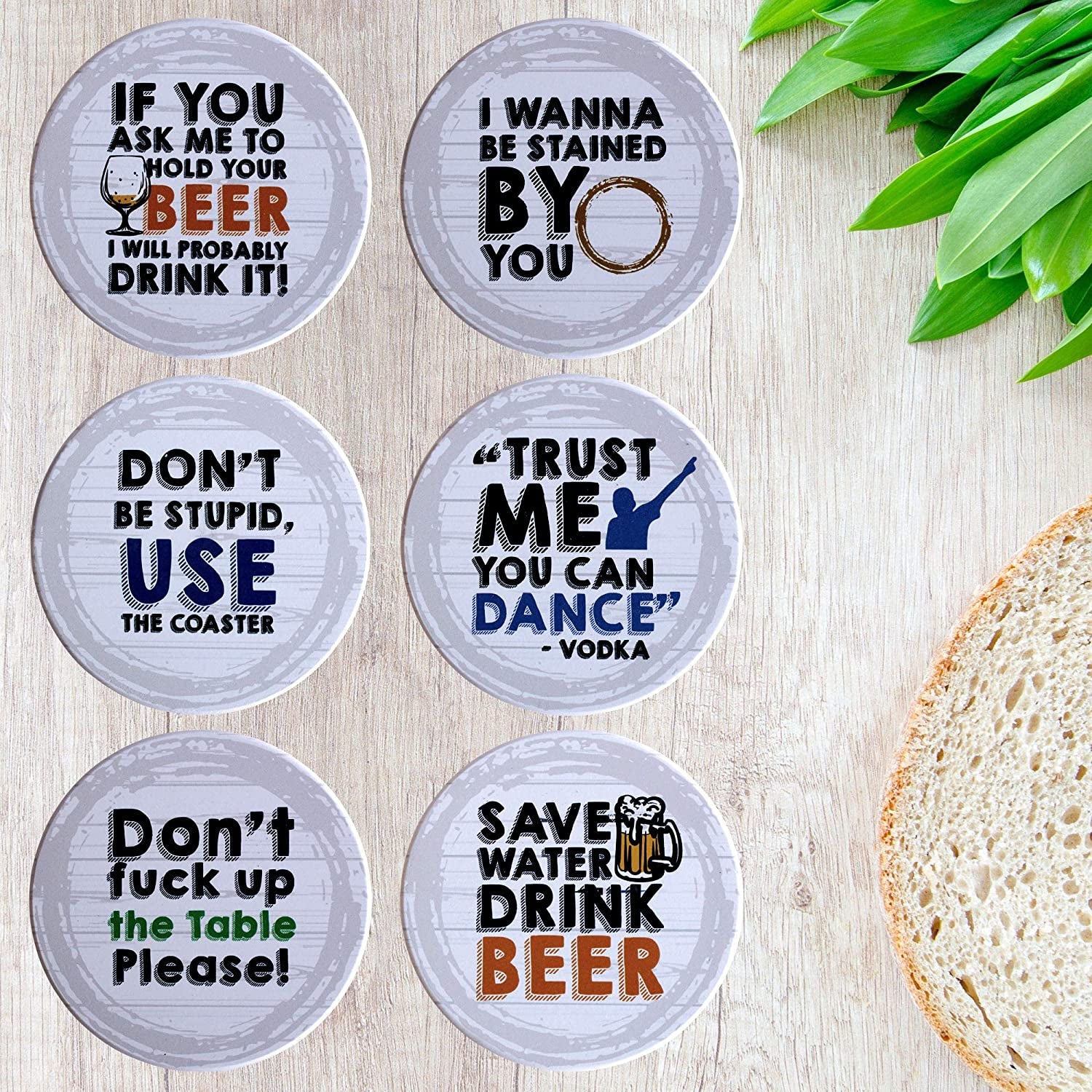 Funny Coasters for Drinks Absorbent with Coaster Holder - 6 Pcs Ceramic Coasters for Coffee Table, Durable Drink Coasters for Tabletop Protection, anti Slip, Suitable for Drink & Table Types
