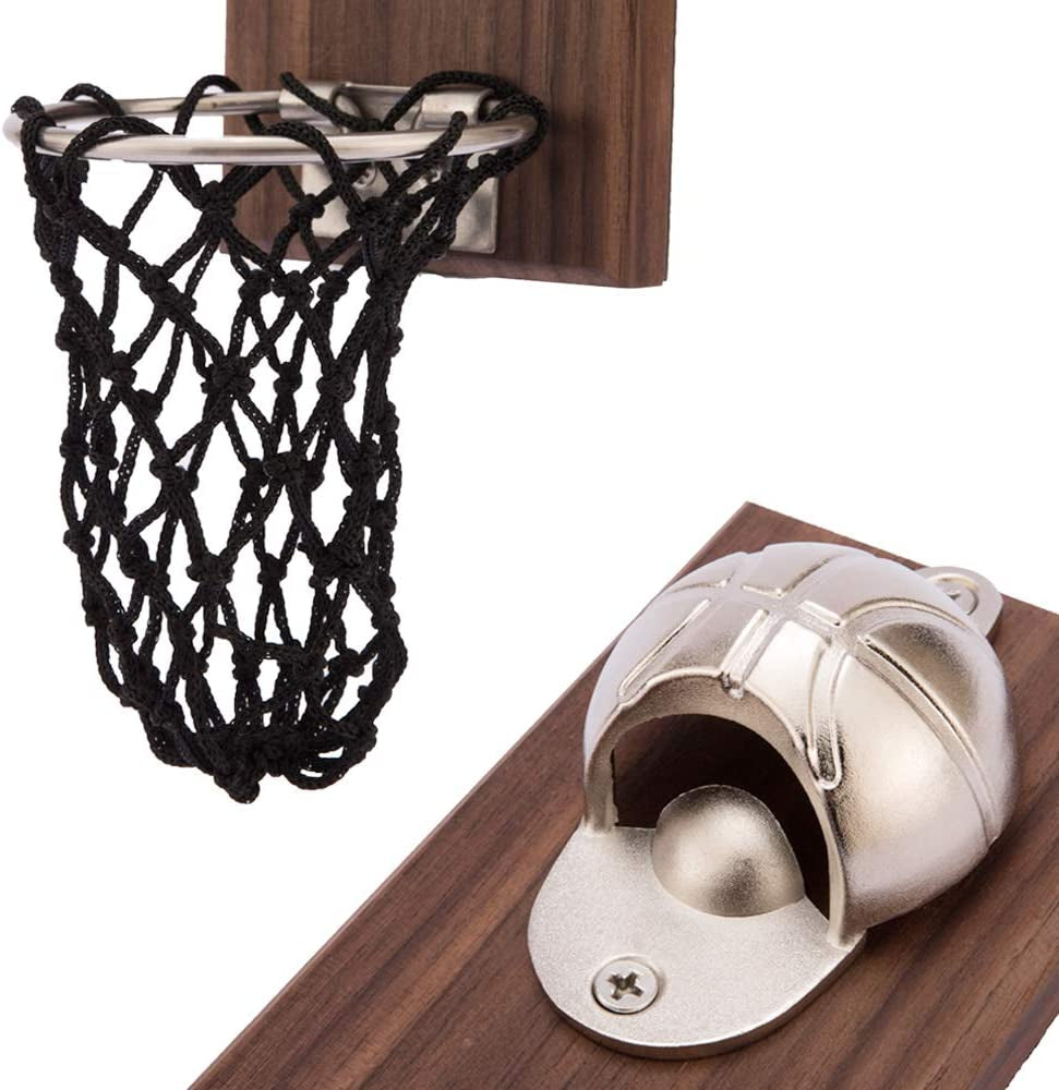Magnetic Basketball Bottle Opener, Wooden Wall Mounted Opener with Cap Collector Catcher, Ideal Gift for Basketball and Beer Lovers, Use as Kitchen-Yard-Bar Decoration