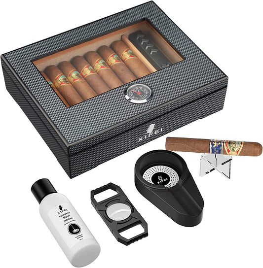 Cigar Humidor, Glass Top Carbon Fiber Texture Top Inlay Hygrometer,Including Cigar Humidifier, Acrylic Cigar Stand,Cigar Ashtray and Humidor Solution, Holds 25-60 Cigars (9IN*7.5 * 2.8)