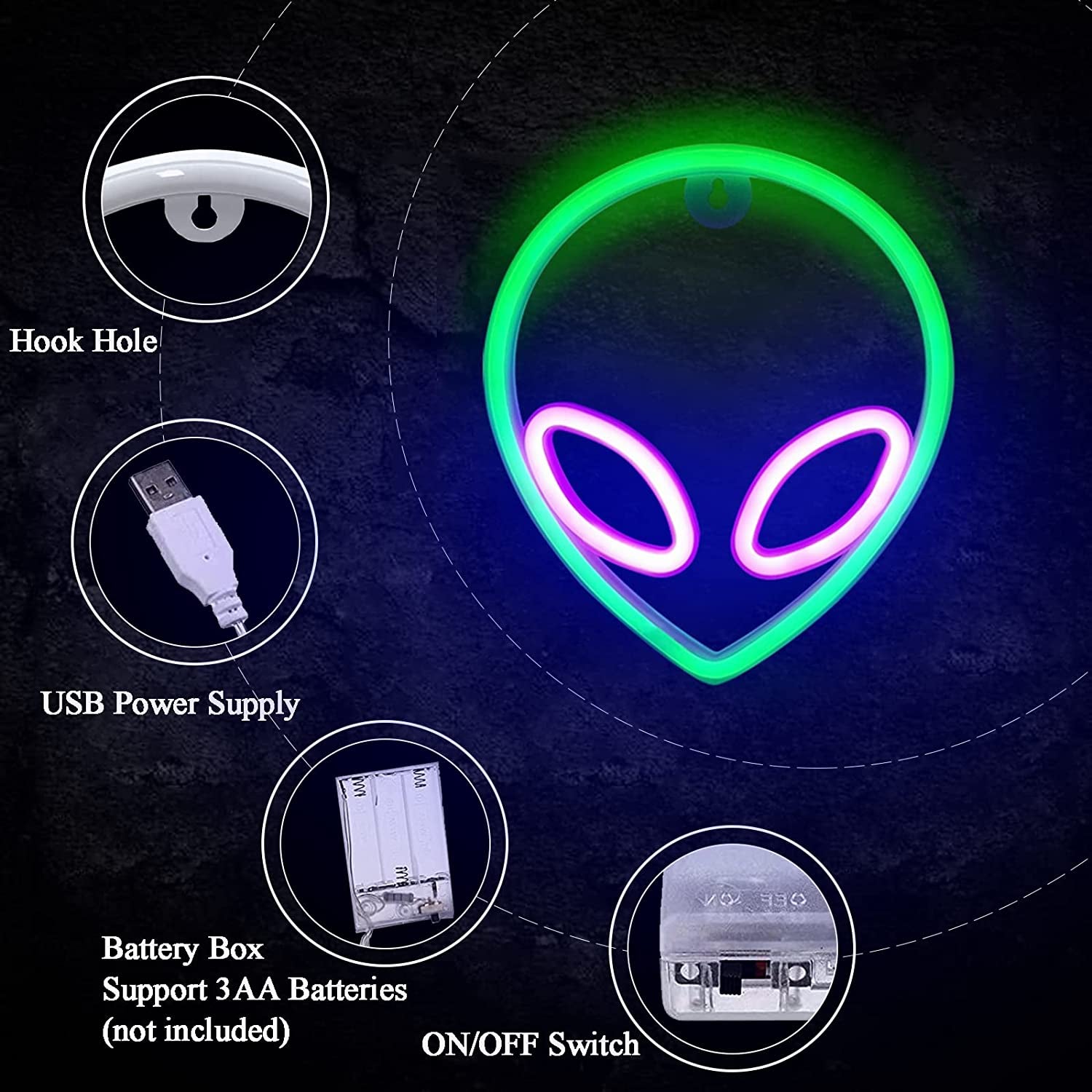 Alien Neon Sign Christmas Decoration Purple Green LED Alien Neon Light Usb/Battery Operated Cool Alien Light up Sign for Wall Decor Game Room Aesthetic Hanging Light for Man Cave Stuff, Bedroom, Bar, Party