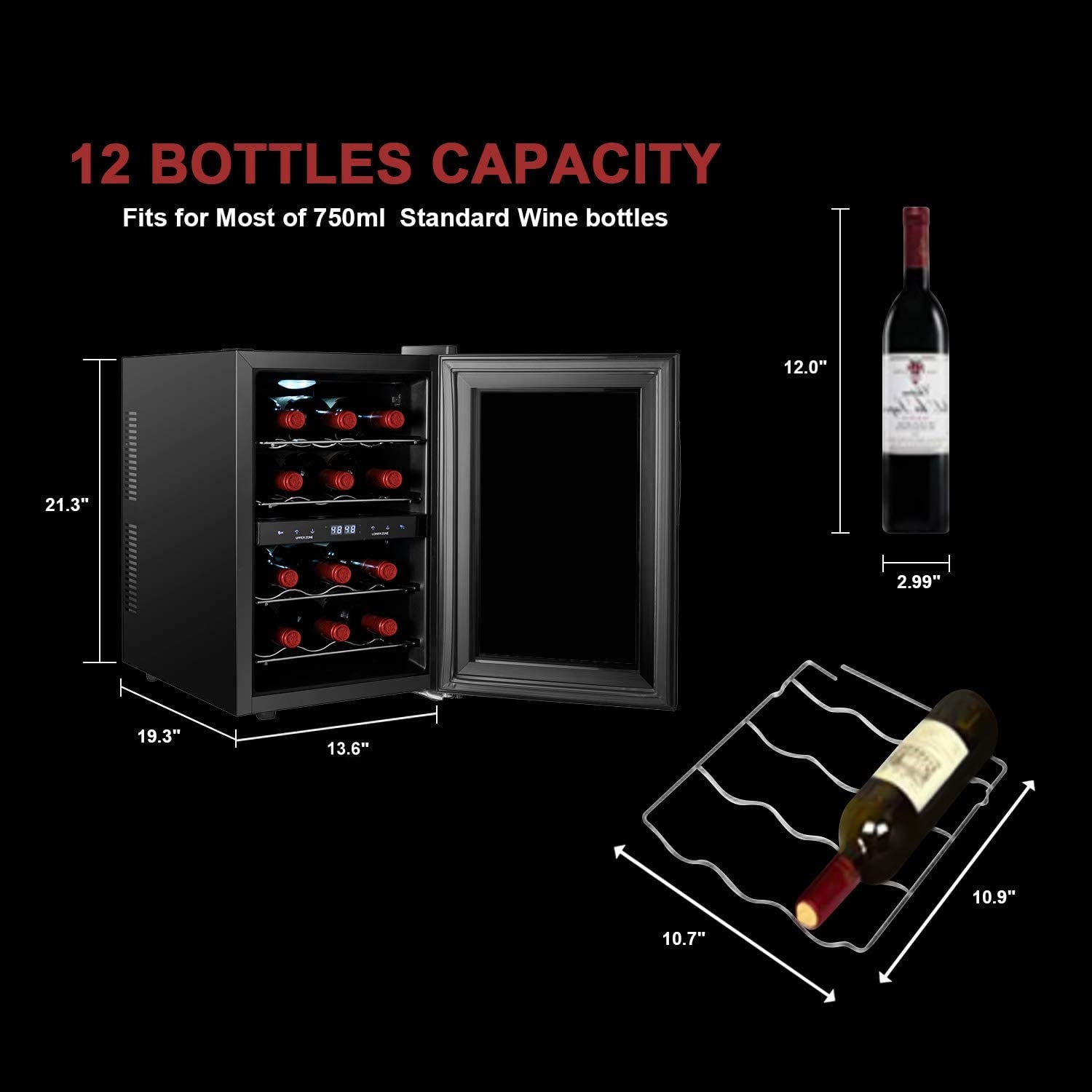 Dual Zone Wine Cooler, 12 Bottles Mini Small Wine Cooler Refrigerator Chiller Fridge 45F-65F for Reds Whites Wine Champagne Sparkling in Home Bar Office Kitchen Bedroom Countertop (12 Bottles)