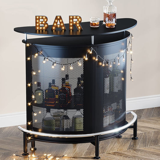 Bar Unit with Metal Mesh Front, Home Liquor Bar Table with Storage and Footrest (Black)