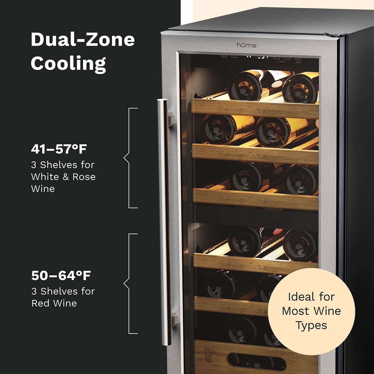 25 Bottles High-End Wine Cooler - Standalone Dual-Zone Mini Fridge and Chiller for Wines with Temperature Control Panel, Stainless Steel Reversible Door Swing and Removable Wood Shelves