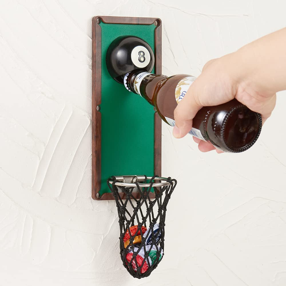 Magnetic Basketball Bottle Opener, Wooden Wall Mounted Opener with Cap Collector Catcher, Ideal Gift for Basketball and Beer Lovers, Use as Kitchen-Yard-Bar Decoration