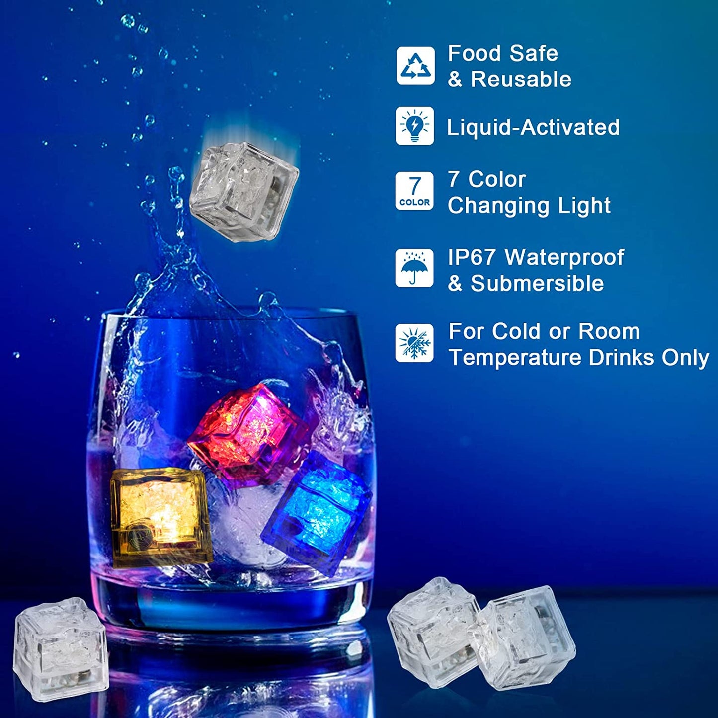 Light up Ice Cubes Bulk, 200 PCS Multi Color Led Ice Cubes for Drinks with Changing Lights, IP67 Waterproof Reusable Glowing Flashing Ice Cube for Club Bar Party Wedding Decor
