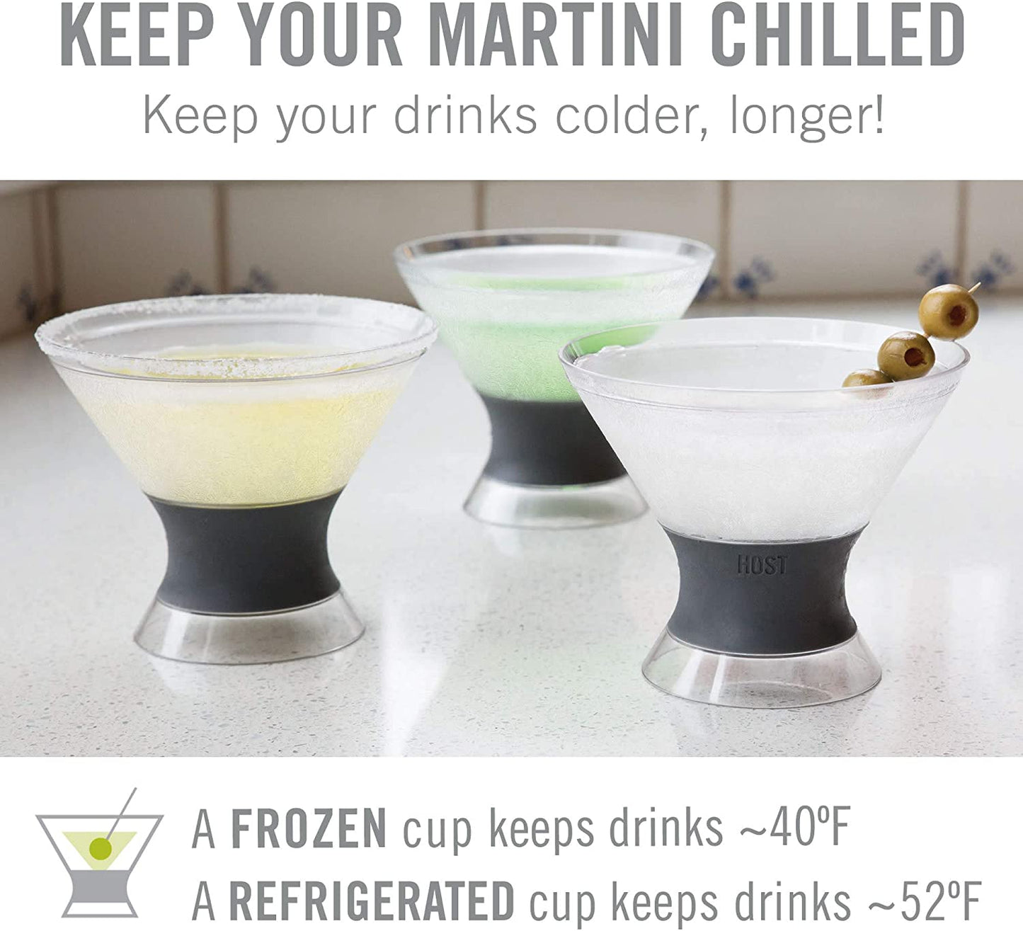 Freeze Insulated Martini Cooling Cups, Plastic Freezer Gel Chiller Double Wall Stemless Cocktail Glass Set of 2, 9 Oz, Grey