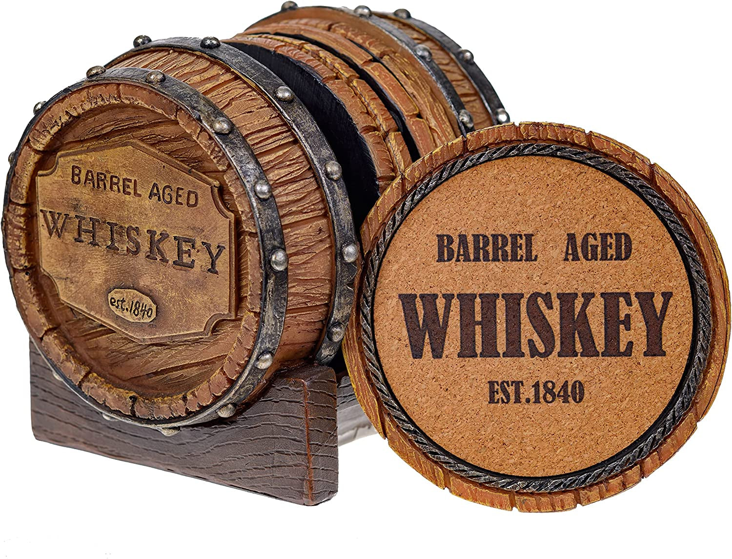 5Pc Whiskey Bourbon Barrel Drink Coasters, Unique Bar Decor & Accessories, Beer & Whiskey Glass Coaster - Home Decorations for Dining Room or Home Bar - Modern Coaster Set with Holder for Man Cave