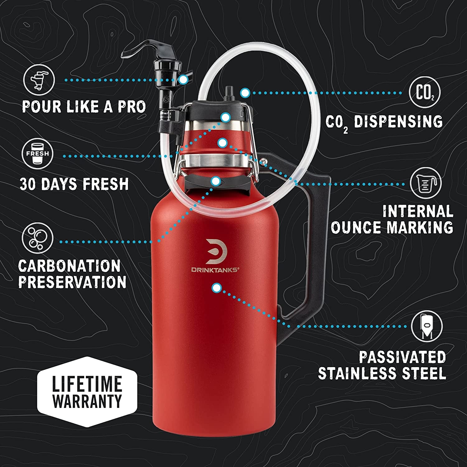 ® Travel Keg - 64 Oz Growler with CO2 Dispensing Keg Cap for Carbonated Craft Beverages; Camping, Tailgating, Bottle Shares, Bbqs, Boating & Adventure (Crimson)