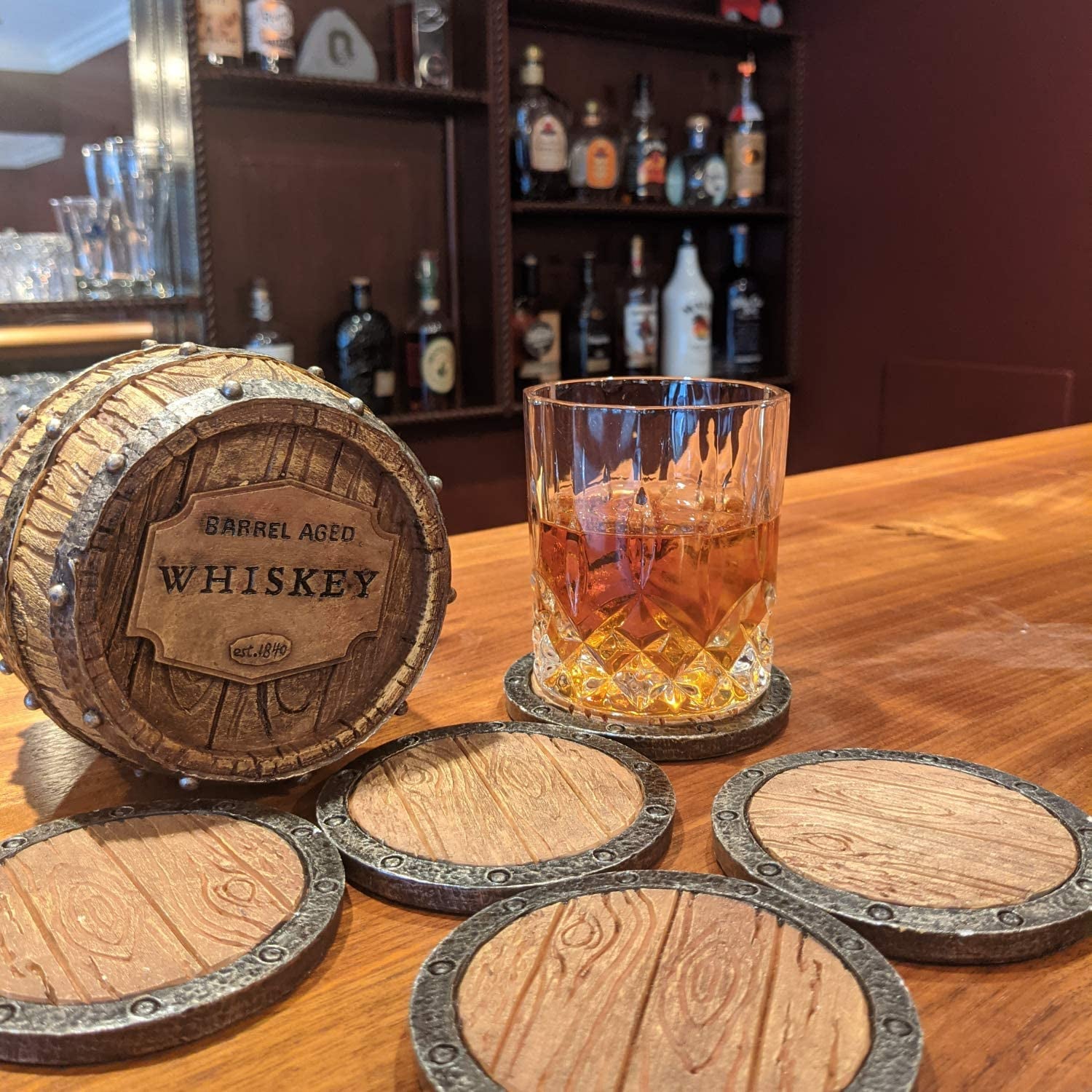 5Pc Whiskey Bourbon Barrel Drink Coasters, Unique Bar Decor & Accessories, Beer & Whiskey Glass Coaster - Home Decorations for Dining Room or Home Bar - Modern Coaster Set with Holder for Man Cave