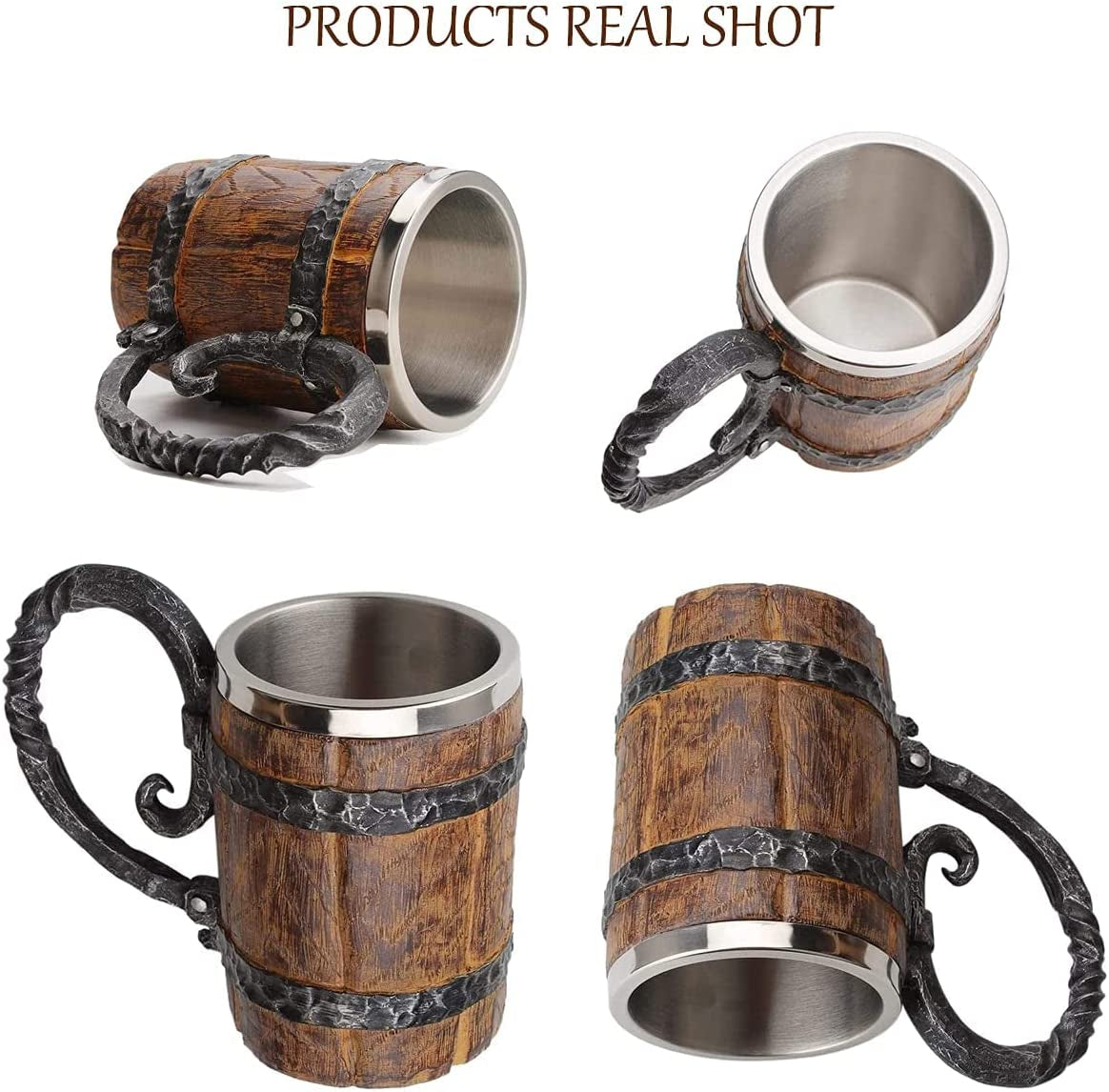 550ML Viking Drinking Cup, Stainless Handmade Wood-Style Beer Mug for Husband Gift, Resin Beer Stein Tankard Coffee Mug Tea Cup, Wooden Gift Antique Men'S Barrel Capacity