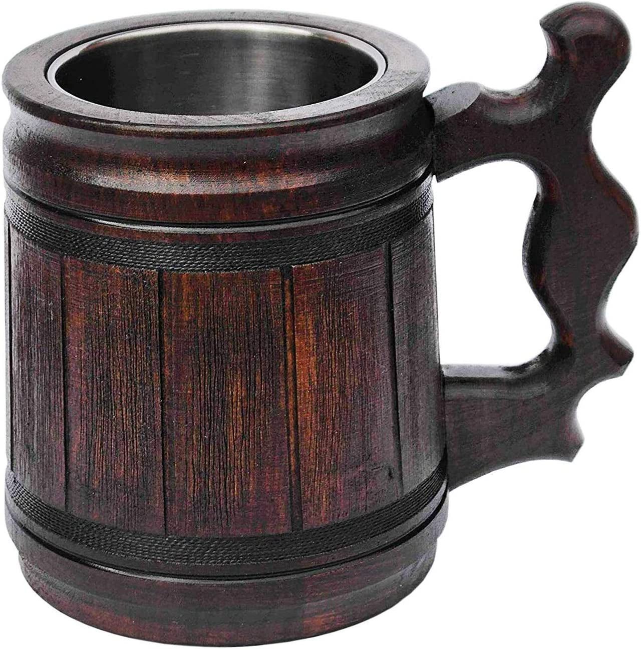 Handmade Beer Mug (10 OZ) Wooden Tankard Beer Stein Oak Wood Stainless Steel Cup Gift Natural Eco-Friendly