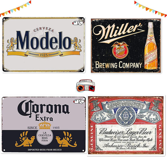 Bundle: Metal Beer Signs - Beer Signs for Man Cave and Bar Rules 4 Pieces Antique Gas Signs Man Cave Shed Office Craft Room Living Room Bar Signs for Backyard Man Cave