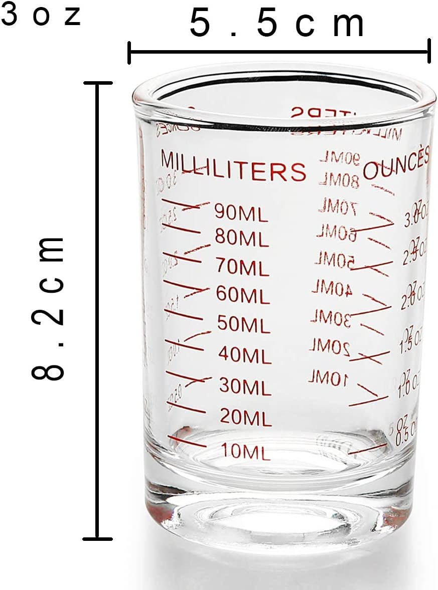 2 PACK Measuring Cup Shot Glass 3 Ounce/90Ml Liquid Heavy Glass Red Scale