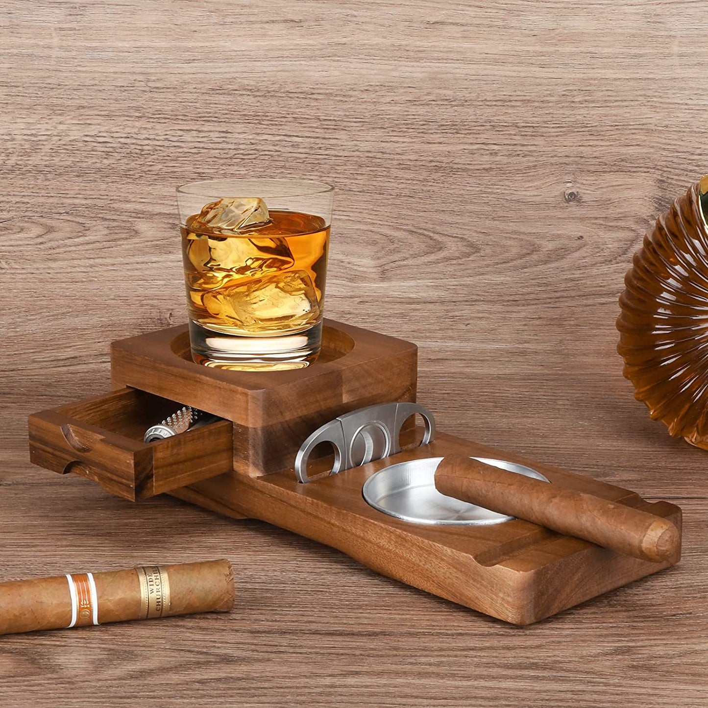 Cigar Ashtray Coaster Whiskey Glass Tray & Wooden Ash Tray with Cigar Cutter,Include Drawer and Cigar Slot Home Office Outdoor Ashtrays Great Cigar Accessories for Men