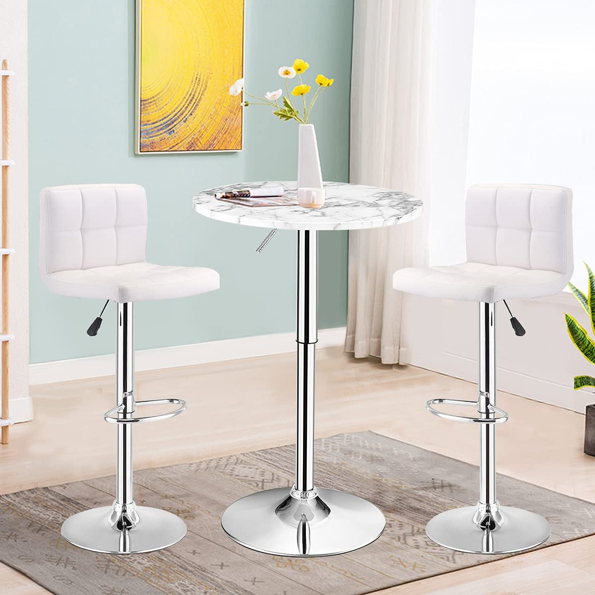 round Pub Table Height Adjustable, 360° Swivel Cocktail Pub Table with Sliver Leg and Base for Home, Office Bar Table (White) (1)