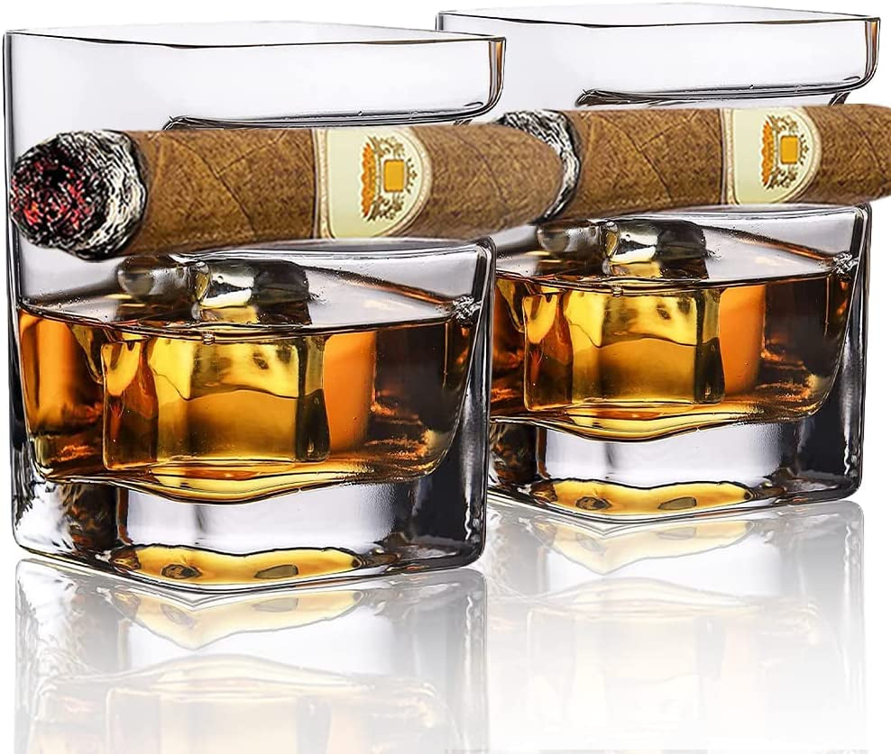 Cigar Whiskey Glasses -12Oz Old Fashioned Glass with Integrated Cigar Tray,Bar Glass Cup, Crystal Whisky Glass Set with Cigar Holder