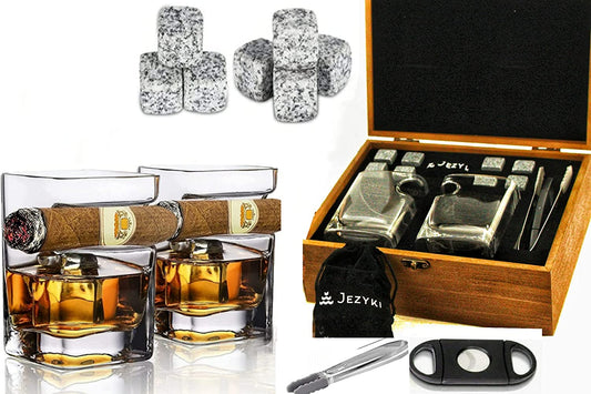 Whiskey Cigar Glasses Gift Set of 2 - Old Fashioned Square Glasses with Intended Cigar Rest, 8 Granite Chilling Rocks, Tongs, Velvet Pouch and Cigar Cutter. Best Gift Set for Men, Dad, Husband..