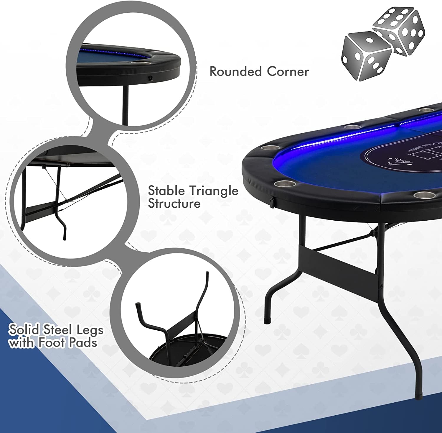 10 Players Poker Table with Cup Holder, Folding Casino Leisure Table with 4 USB Ports, Extra Lights, Easy to Assemble, Foldable Game Poker Tables for Texas, Card Games, Blue
