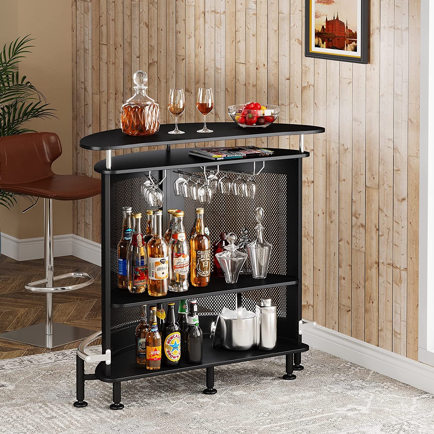 Bar Unit with Metal Mesh Front, Home Liquor Bar Table with Storage and Footrest (Black)