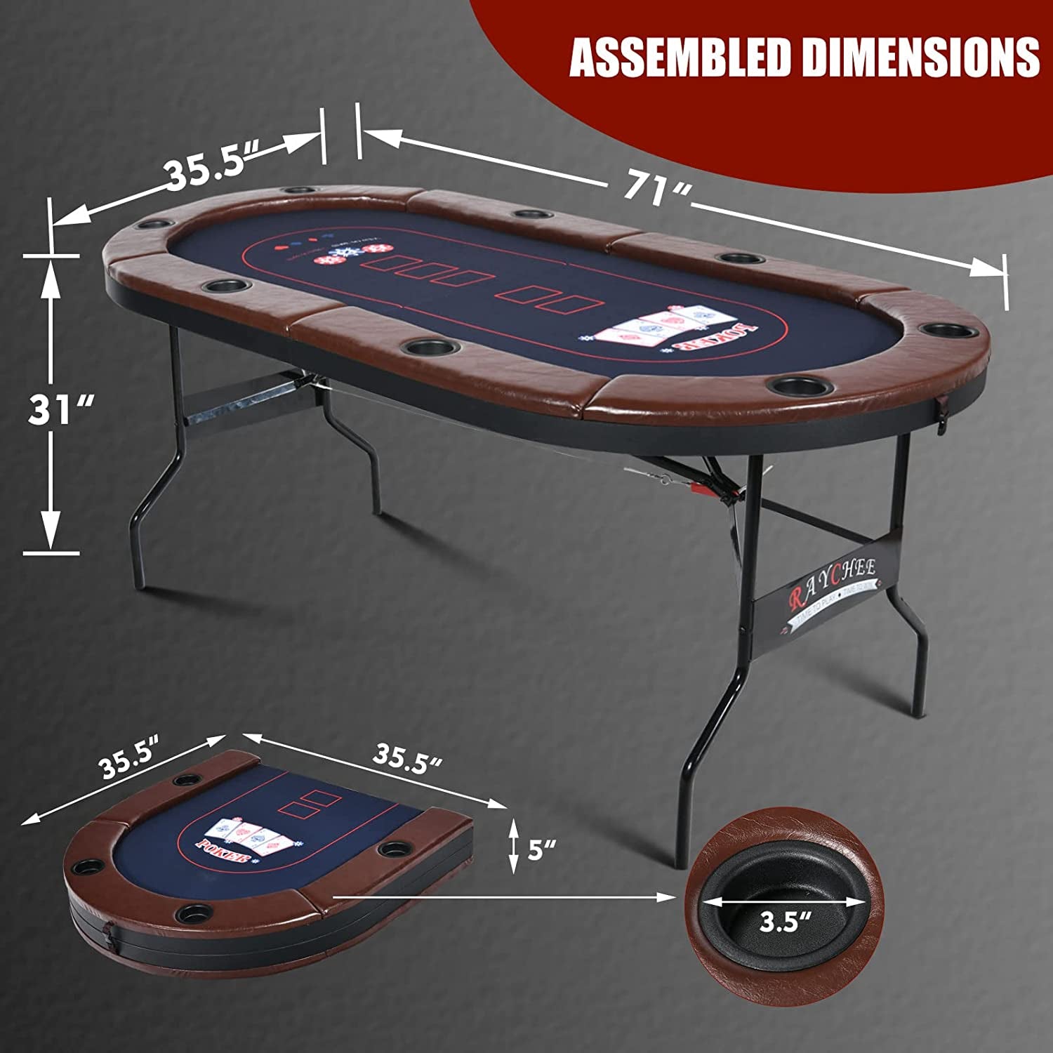 8 Player Foldable Poker Table, Texas Holdem Table, Folding Leisure Game Table, Portable Casino Table for Game Room with Padded Rails and Cup Holders (Brown, 71 Inch)